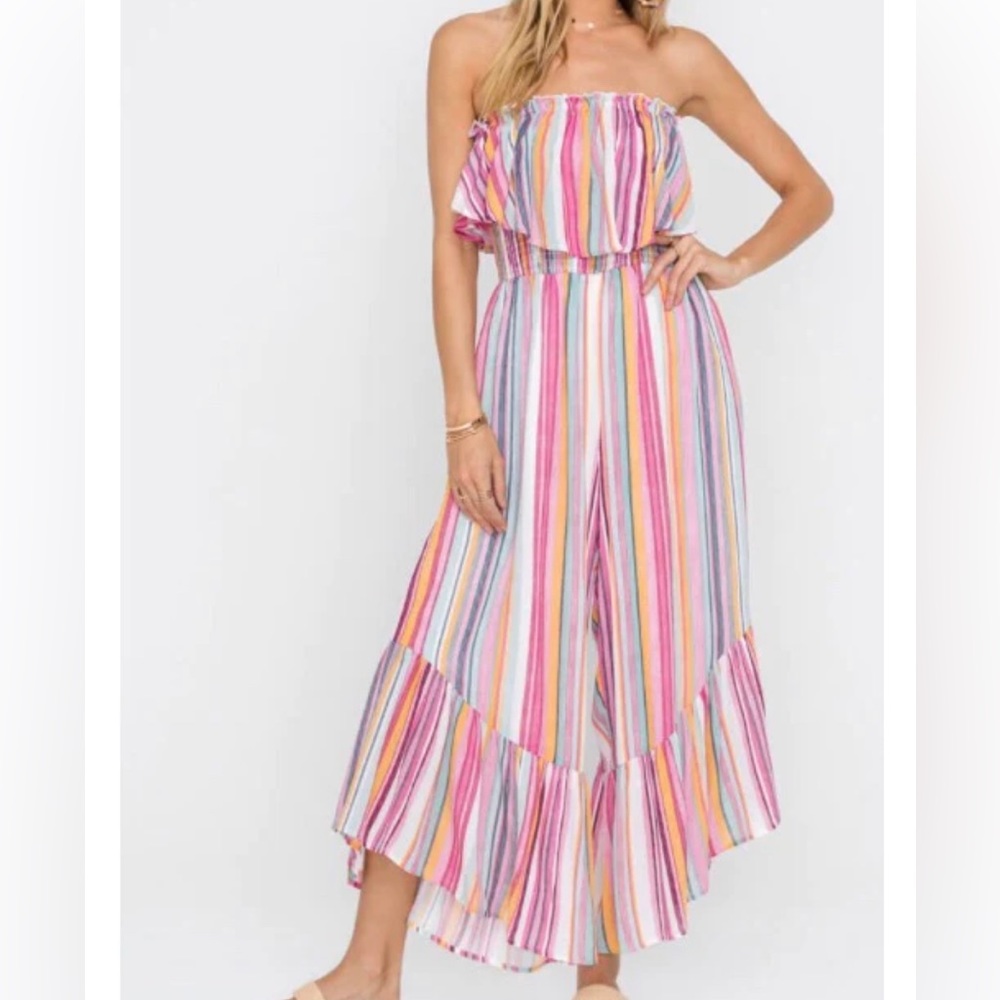 LUSH St. Lucia Culotte Striped Strapless Jumpsuit, small, rayon